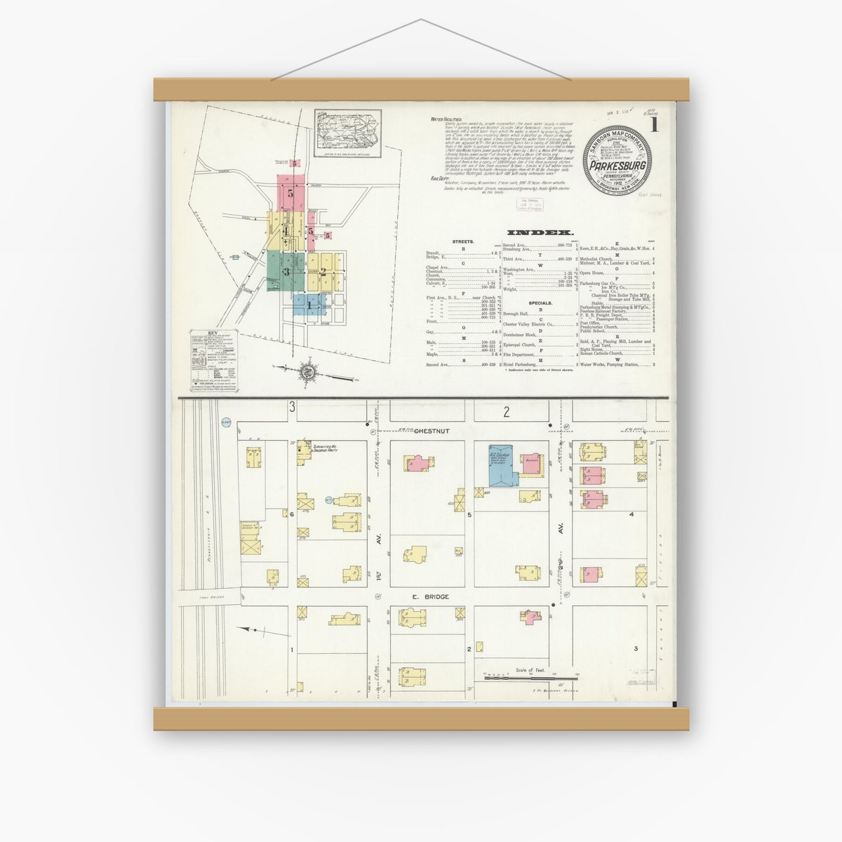 Old map wall art mockup — magnetic wood frame on white wall — Sanborn Fire Insurance Map from Parkesburg, Chester County, Pennsylvania (1912) - Complete Map Set