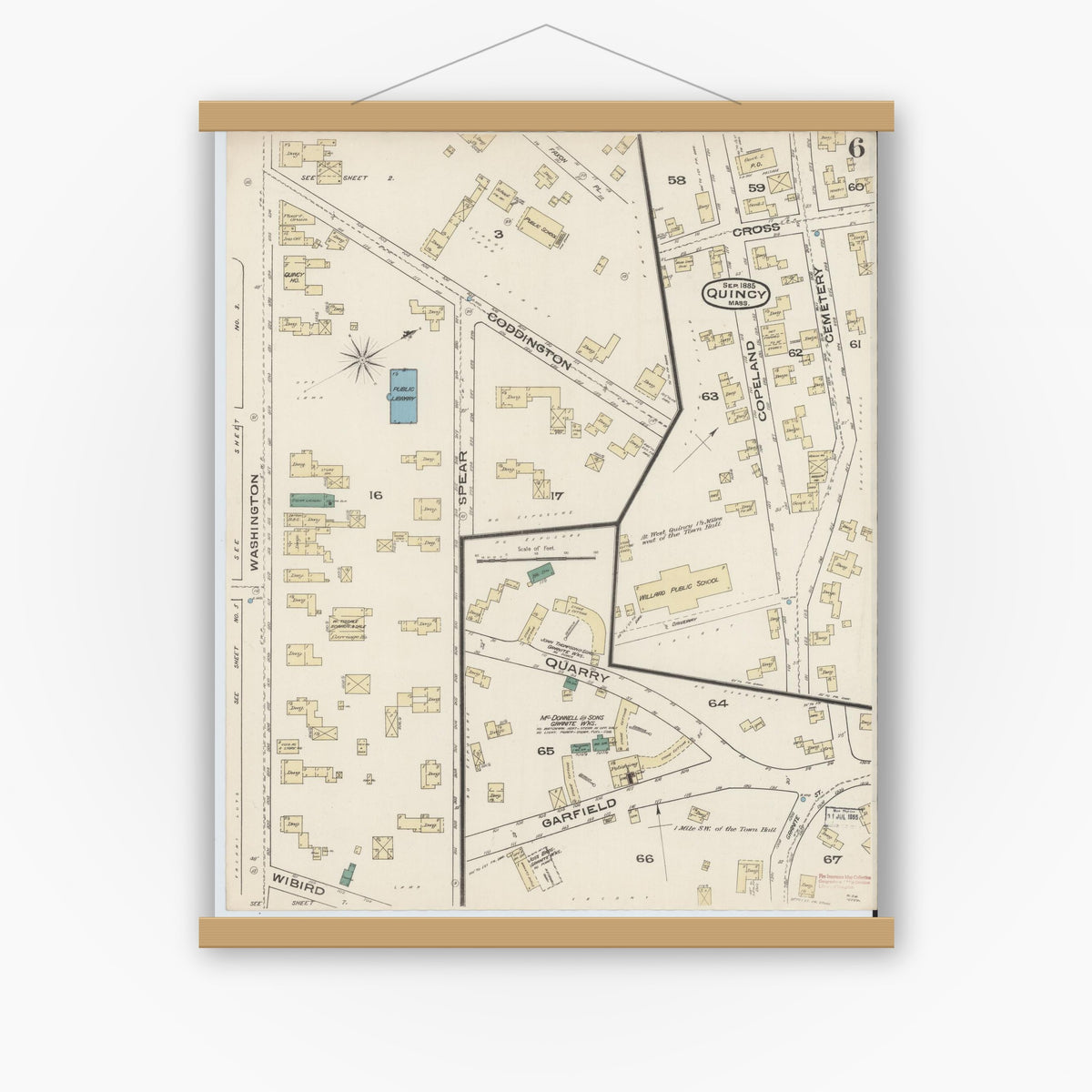 Old map wall art mockup — magnetic wood frame on white wall — Sanborn Fire Insurance Map from Quincy, Norfolk County, Massachusetts (1885), Sheet #0006