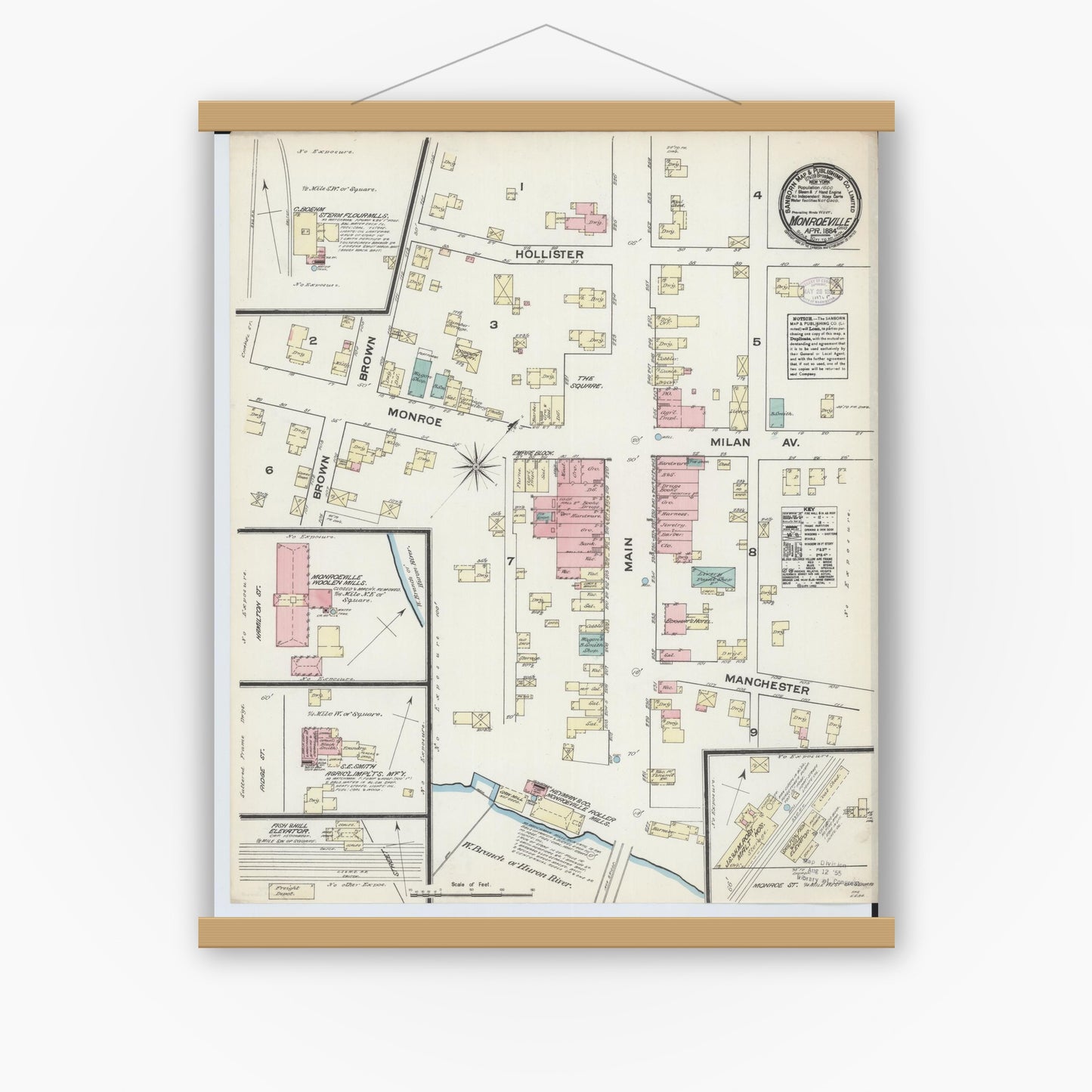 Old map wall art mockup — magnetic wood frame on white wall — Sanborn Fire Insurance Map from Monroeville, Huron County, Ohio (1884), Sheet #0001