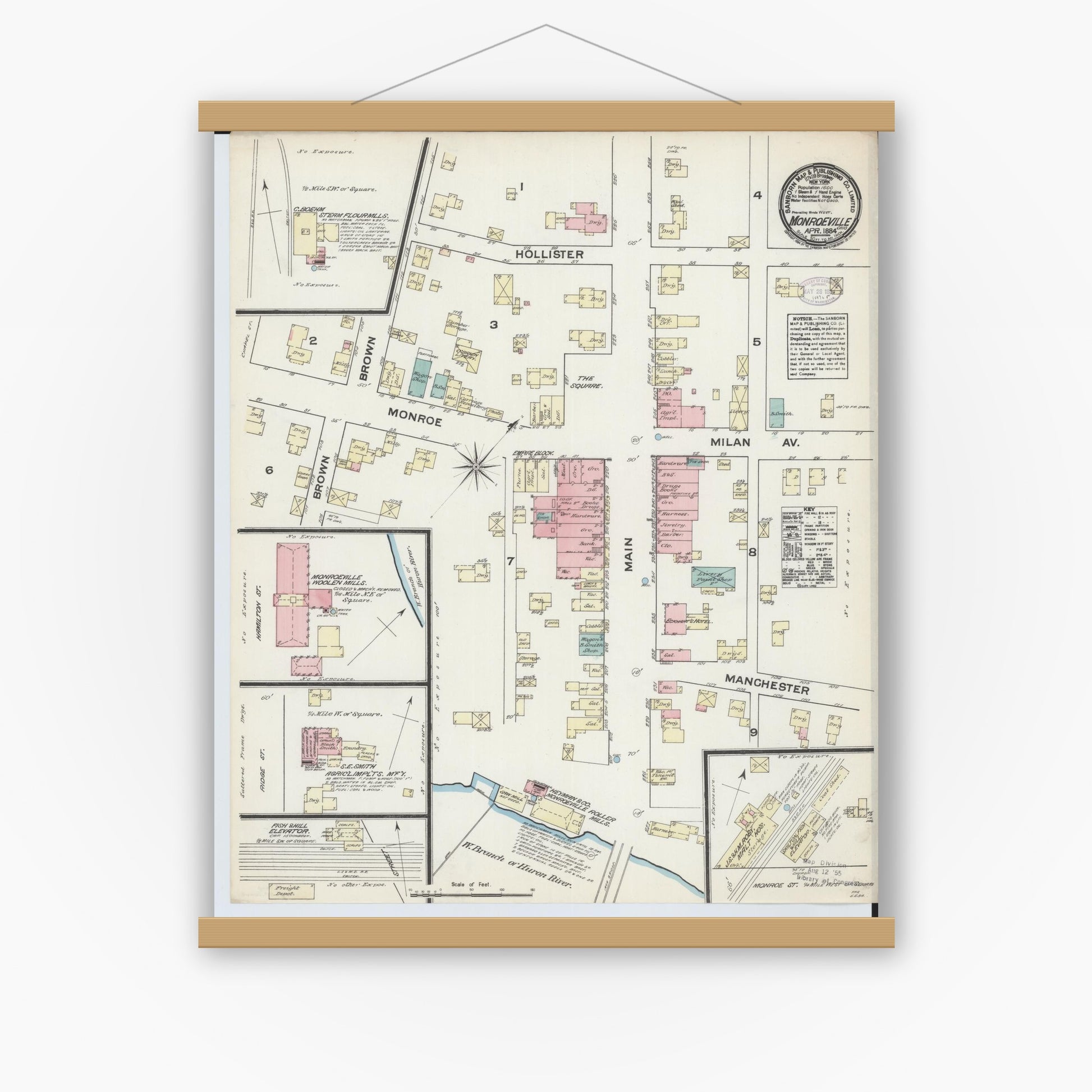 Old map wall art mockup — magnetic wood frame on white wall — Sanborn Fire Insurance Map from Monroeville, Huron County, Ohio (1884), Sheet #0001