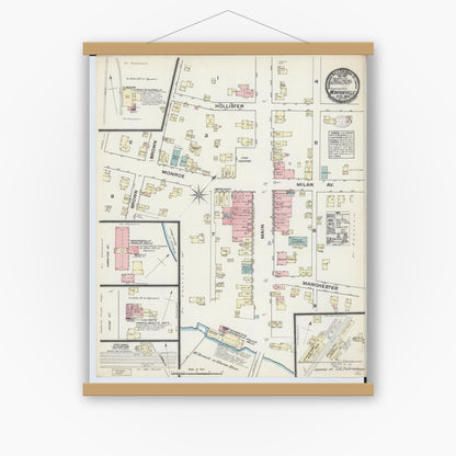 Old map wall art mockup — magnetic wood frame on white wall — Sanborn Fire Insurance Map from Monroeville, Huron County, Ohio (1884), Sheet #0001