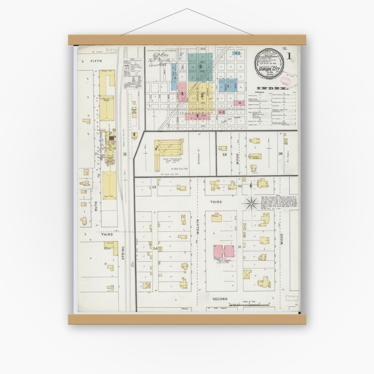 Old map wall art mockup — magnetic wood frame on white wall — Sanborn Fire Insurance Map from Gibson City, Ford County, Illinois (1894) - Complete Map Set