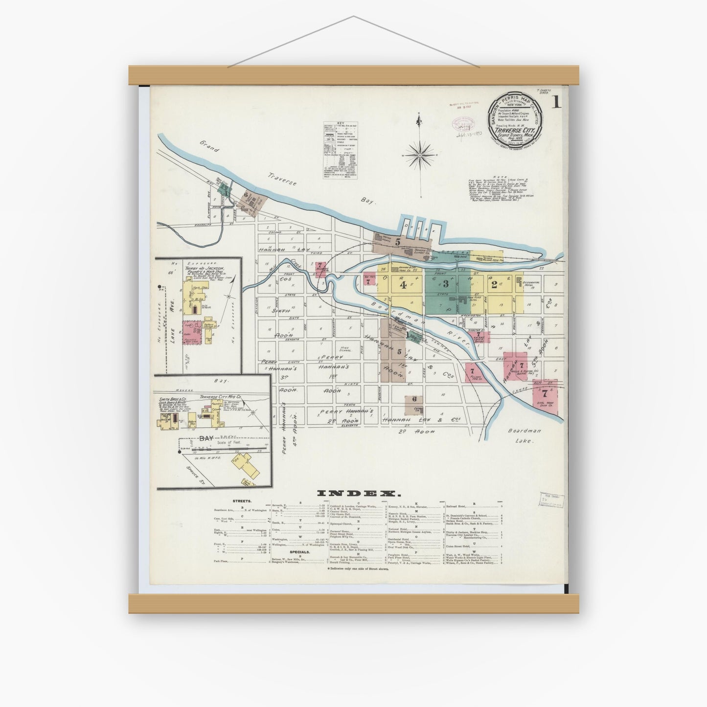 Old map wall art mockup — magnetic wood frame on white wall — Sanborn Fire Insurance Map from Traverse City, Grand Traverse County, Michigan (1893) - Complete Map Set