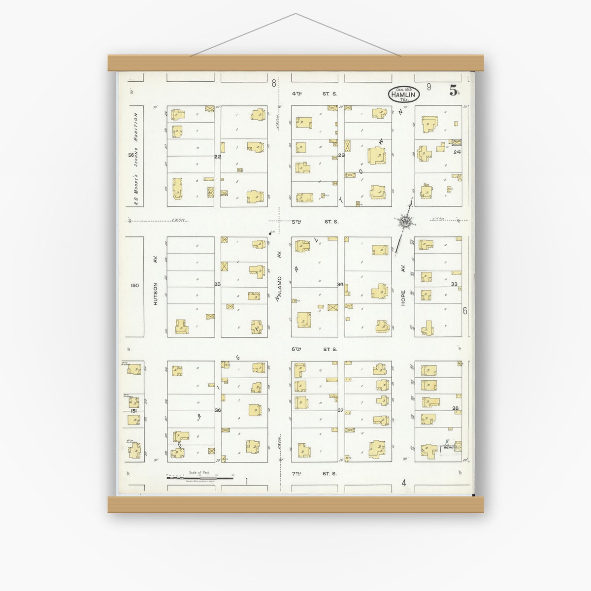 Old map wall art mockup — magnetic wood frame on white wall — Sanborn Fire Insurance Map from Hamlin, Jones County, Texas (1919), Sheet #0005