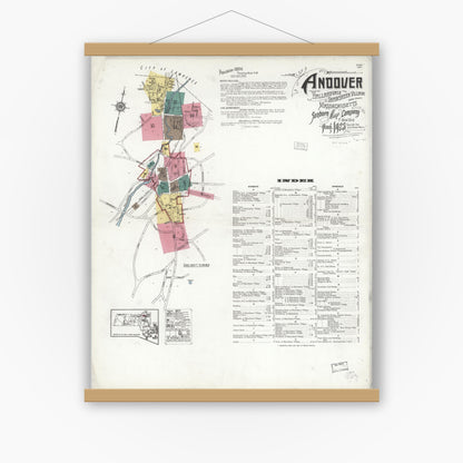 Old map wall art mockup — magnetic wood frame on white wall — Sanborn Fire Insurance Map from Andover, Essex County, Massachusetts (1923), Sheet #0001