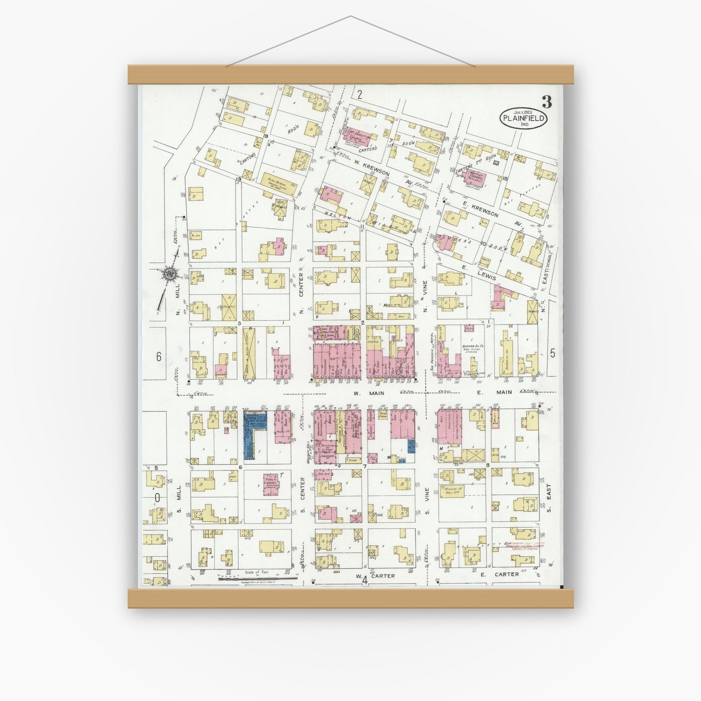 Old map wall art mockup — magnetic wood frame on white wall — Sanborn Fire Insurance Map from Plainfield, Hendricks County, Indiana (1920), Sheet #0003