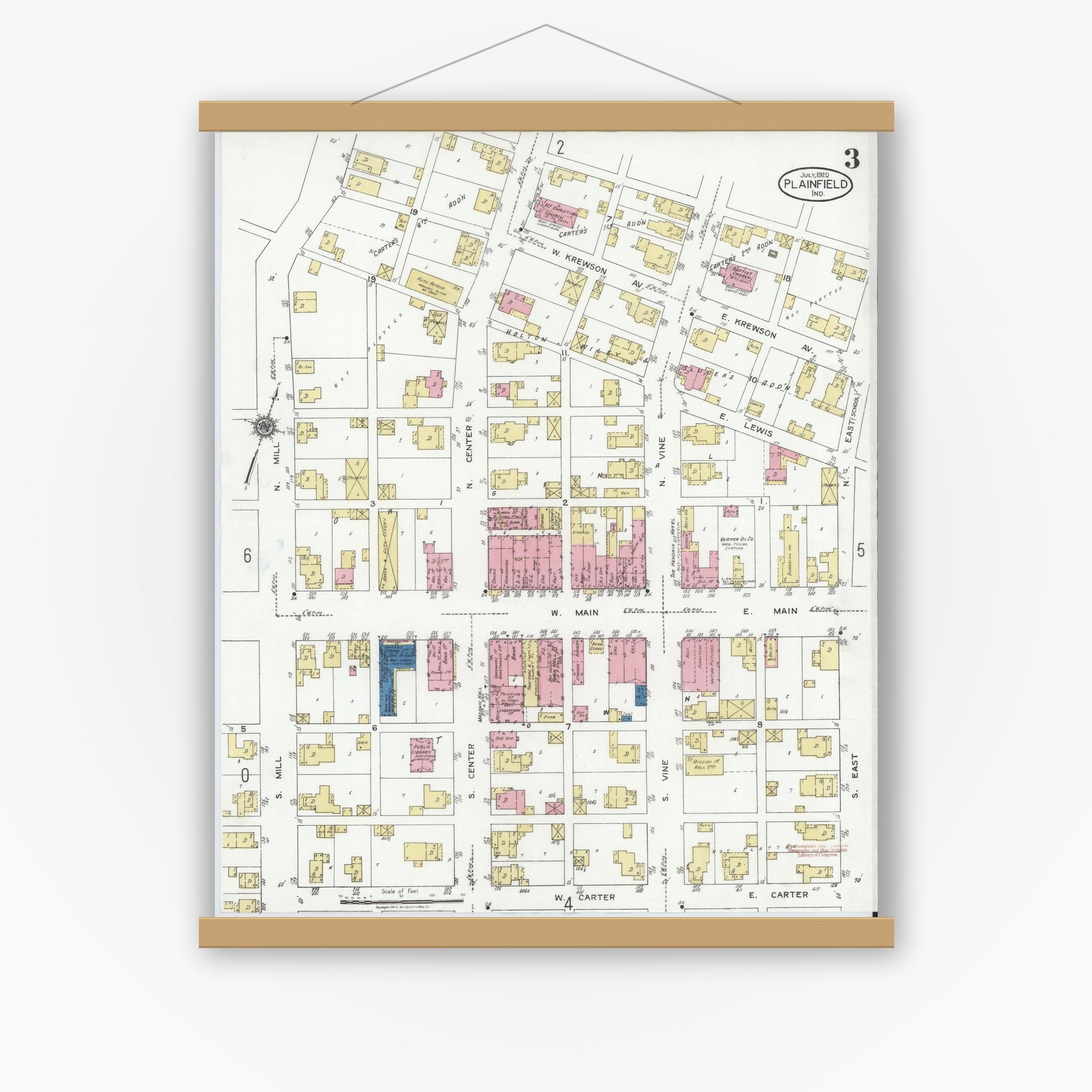 Old map wall art mockup — magnetic wood frame on white wall — Sanborn Fire Insurance Map from Plainfield, Hendricks County, Indiana (1920), Sheet #0003