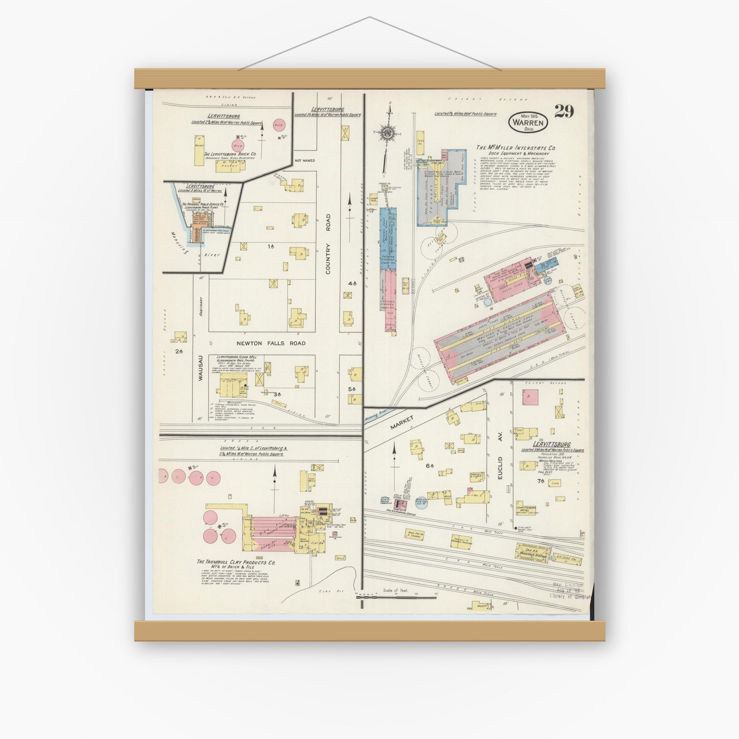 Old map wall art mockup — magnetic wood frame on white wall — Sanborn Fire Insurance Map from Warren, Trumbull County, Ohio (1915), Sheet #0029