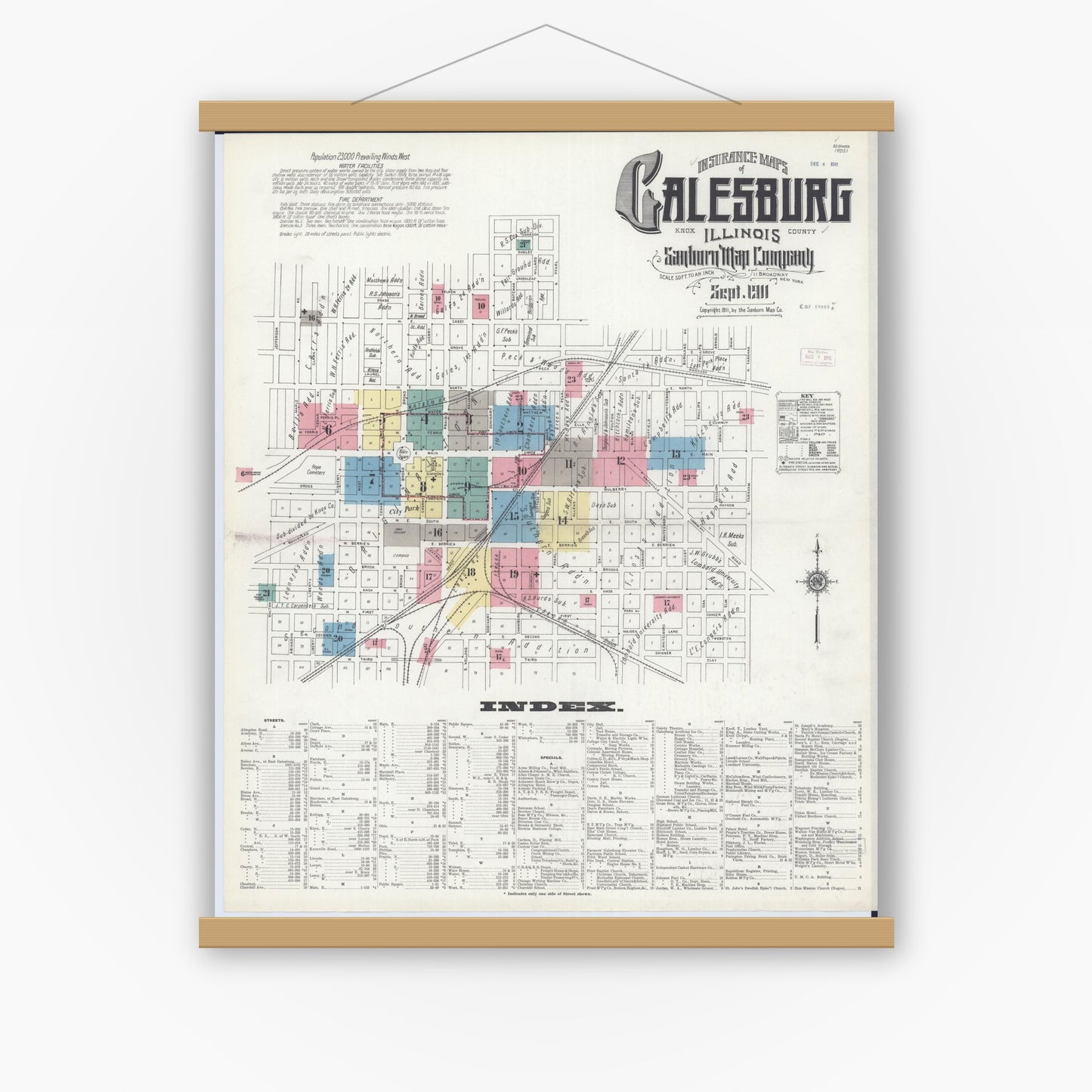 Old map wall art mockup — magnetic wood frame on white wall — Sanborn Fire Insurance Map from Galesburg, Knox County, Illinois (1911) - Complete Map Set