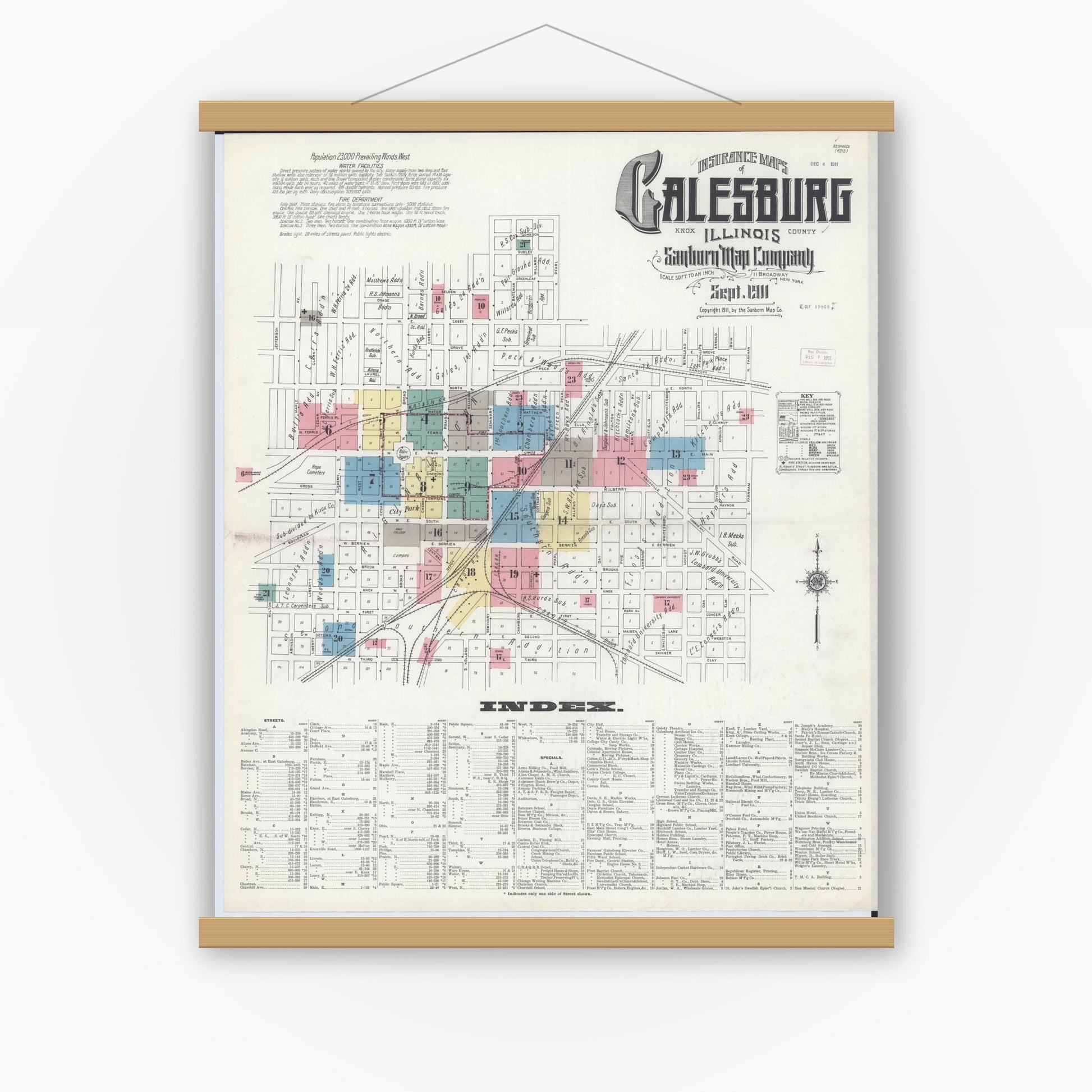 Old map wall art mockup — magnetic wood frame on white wall — Sanborn Fire Insurance Map from Galesburg, Knox County, Illinois (1911) - Complete Map Set
