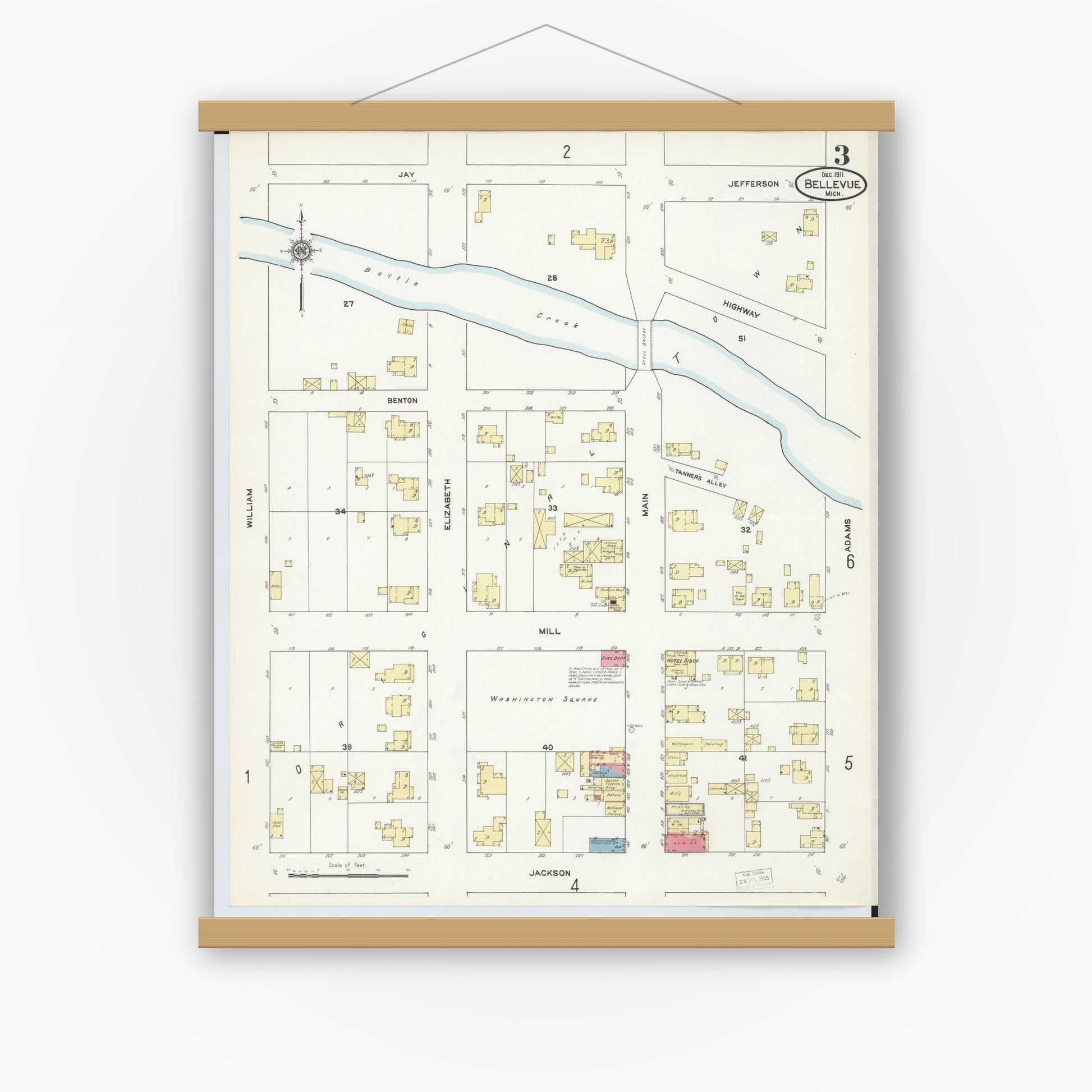 Old map wall art mockup — magnetic wood frame on white wall — Sanborn Fire Insurance Map from Bellevue, Eaton County, Michigan (1911), Sheet #0003