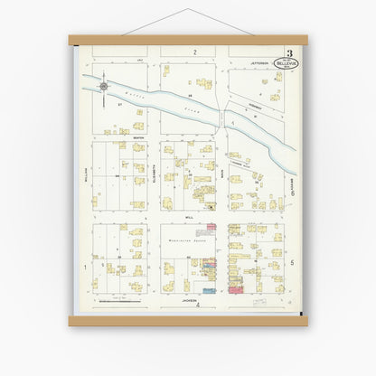 Old map wall art mockup — magnetic wood frame on white wall — Sanborn Fire Insurance Map from Bellevue, Eaton County, Michigan (1911), Sheet #0003