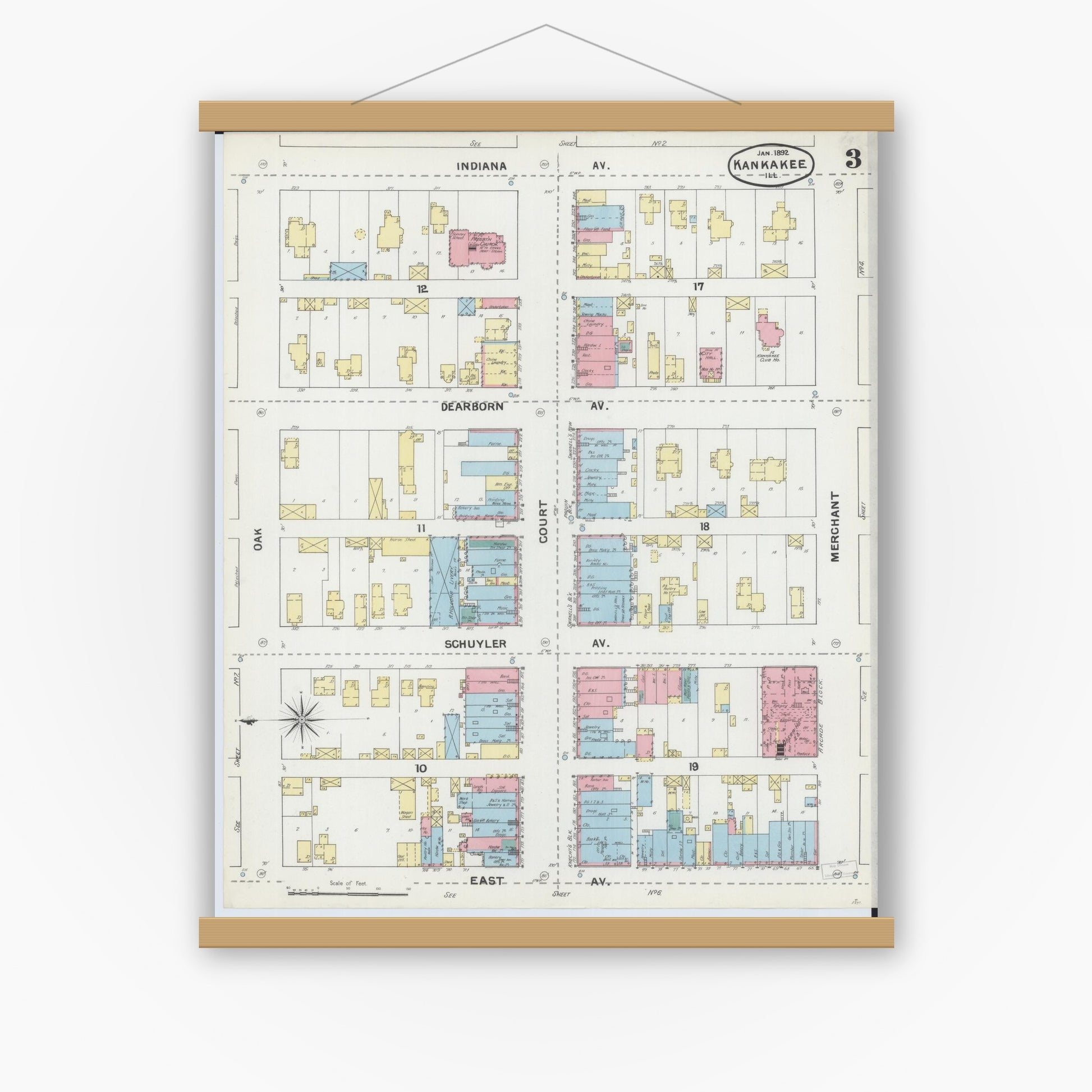 Old map wall art mockup — magnetic wood frame on white wall — Sanborn Fire Insurance Map from Kankakee, Kankakee County, Illinois (1892), Sheet #0003