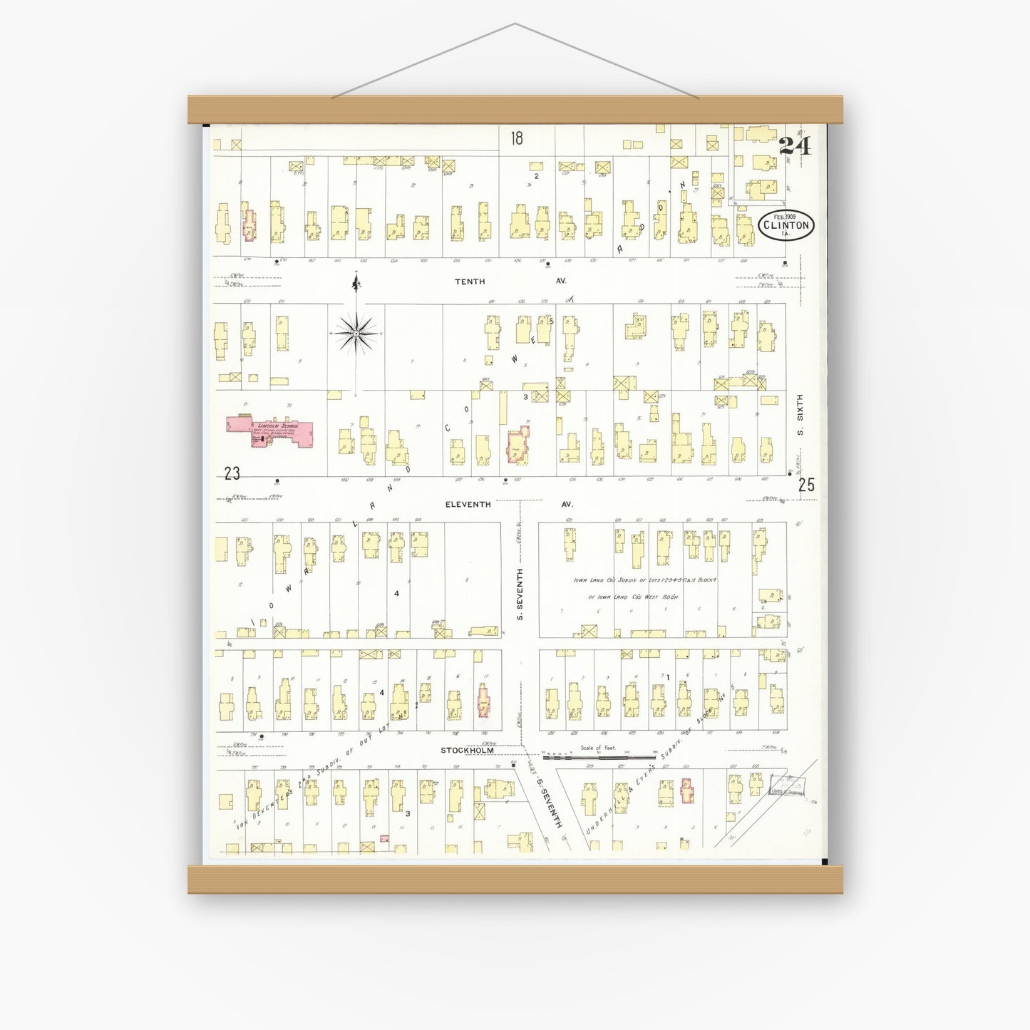 Old map wall art mockup — magnetic wood frame on white wall — Sanborn Fire Insurance Map from Clinton, Clinton County, Iowa (1909), Sheet #0024