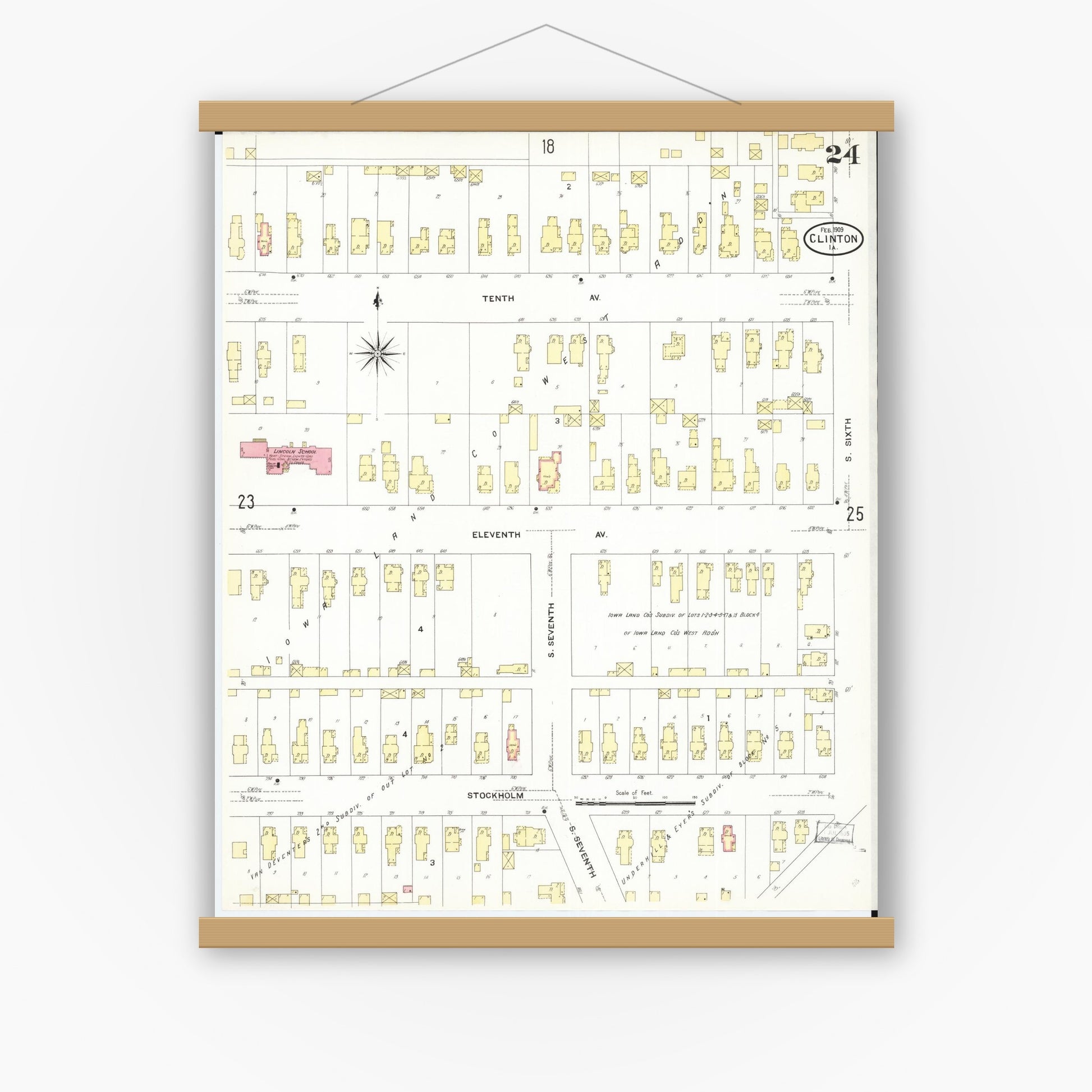 Old map wall art mockup — magnetic wood frame on white wall — Sanborn Fire Insurance Map from Clinton, Clinton County, Iowa (1909), Sheet #0024