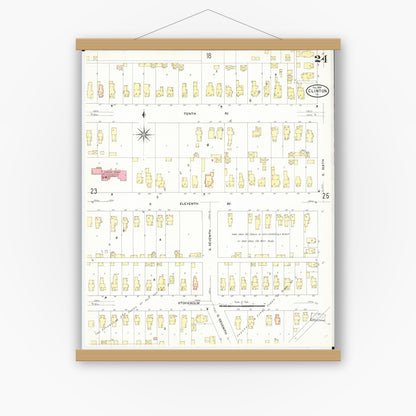 Old map wall art mockup — magnetic wood frame on white wall — Sanborn Fire Insurance Map from Clinton, Clinton County, Iowa (1909), Sheet #0024