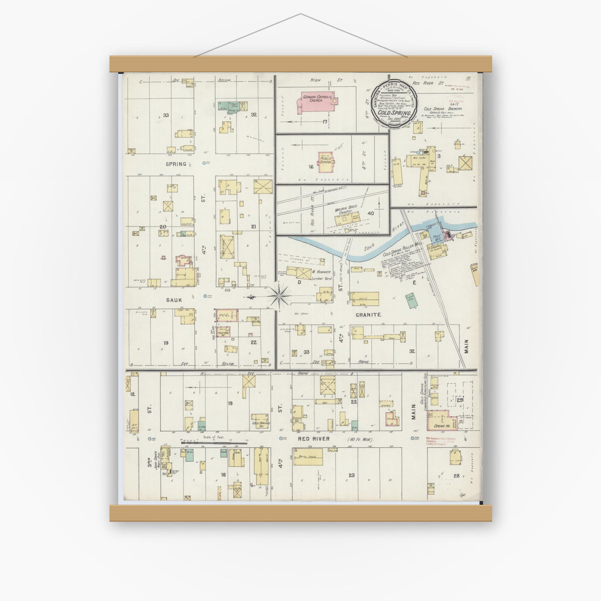 Old map wall art mockup — magnetic wood frame on white wall — Sanborn Fire Insurance Map from Cold Spring, Stearns County, Minnesota (1895), Sheet #0001
