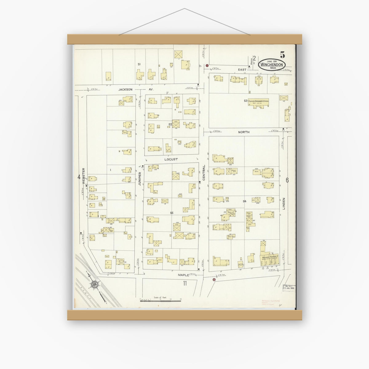 Old map wall art mockup — magnetic wood frame on white wall — Sanborn Fire Insurance Map from Winchendon, Worcester County, Massachusetts (1914), Sheet #0005