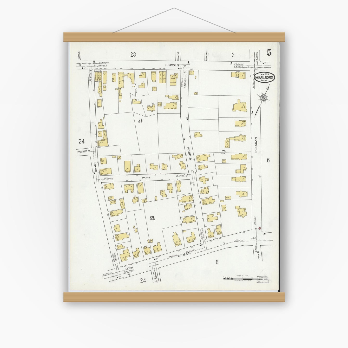 Old map wall art mockup — magnetic wood frame on white wall — Sanborn Fire Insurance Map from Marlborough, Middlesex County, Massachusetts (1920), Sheet #0005