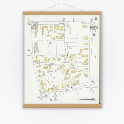 Old map wall art mockup — magnetic wood frame on white wall — Sanborn Fire Insurance Map from Marlborough, Middlesex County, Massachusetts (1920), Sheet #0005