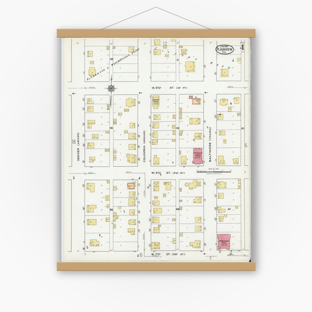 Old map wall art mockup — magnetic wood frame on white wall — Sanborn Fire Insurance Map from Plainview, Hale County, Texas (1921), Sheet #0004