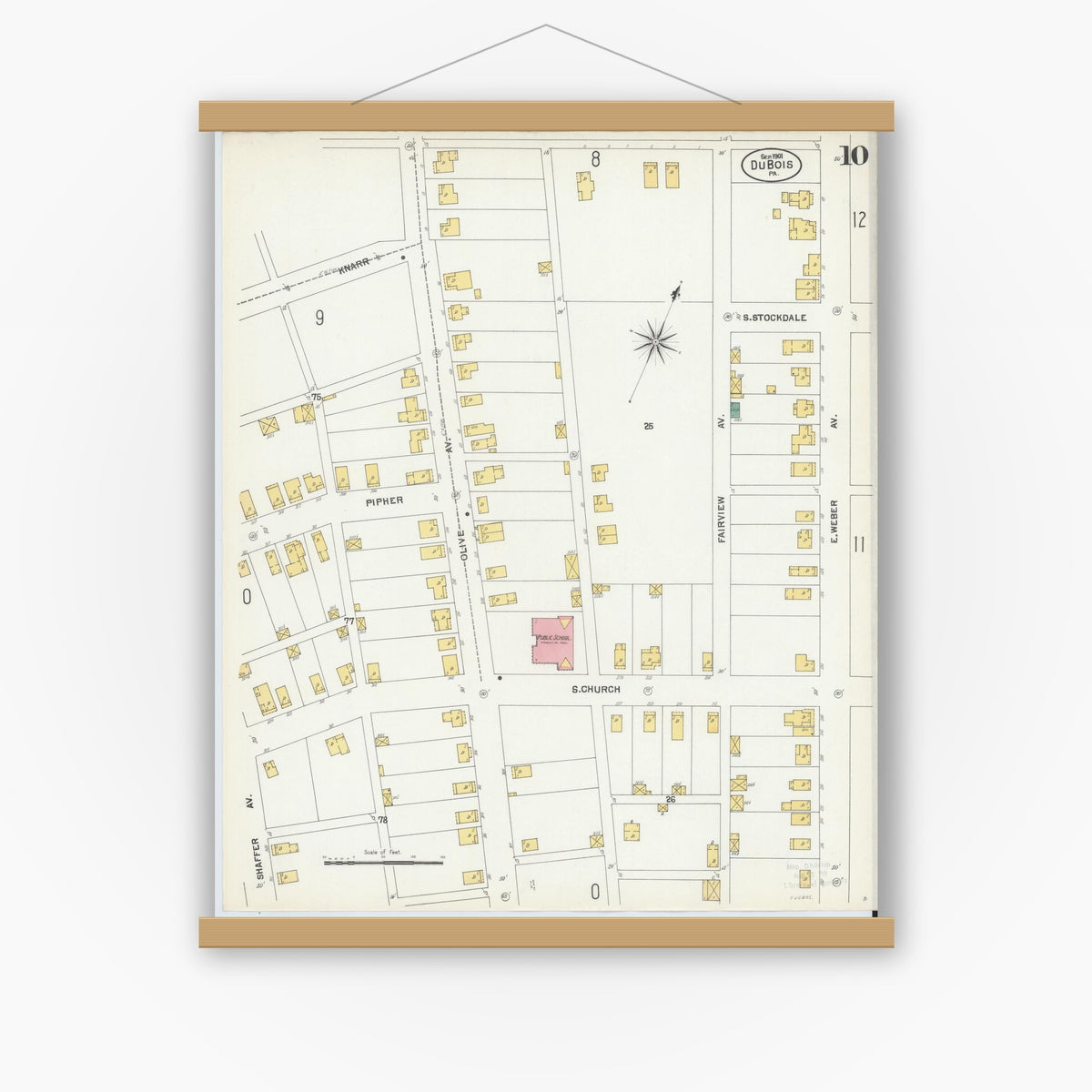 Old map wall art mockup — magnetic wood frame on white wall — Sanborn Fire Insurance Map from Du Bois, Clearfield County, Pennsylvania (1901), Sheet #0010