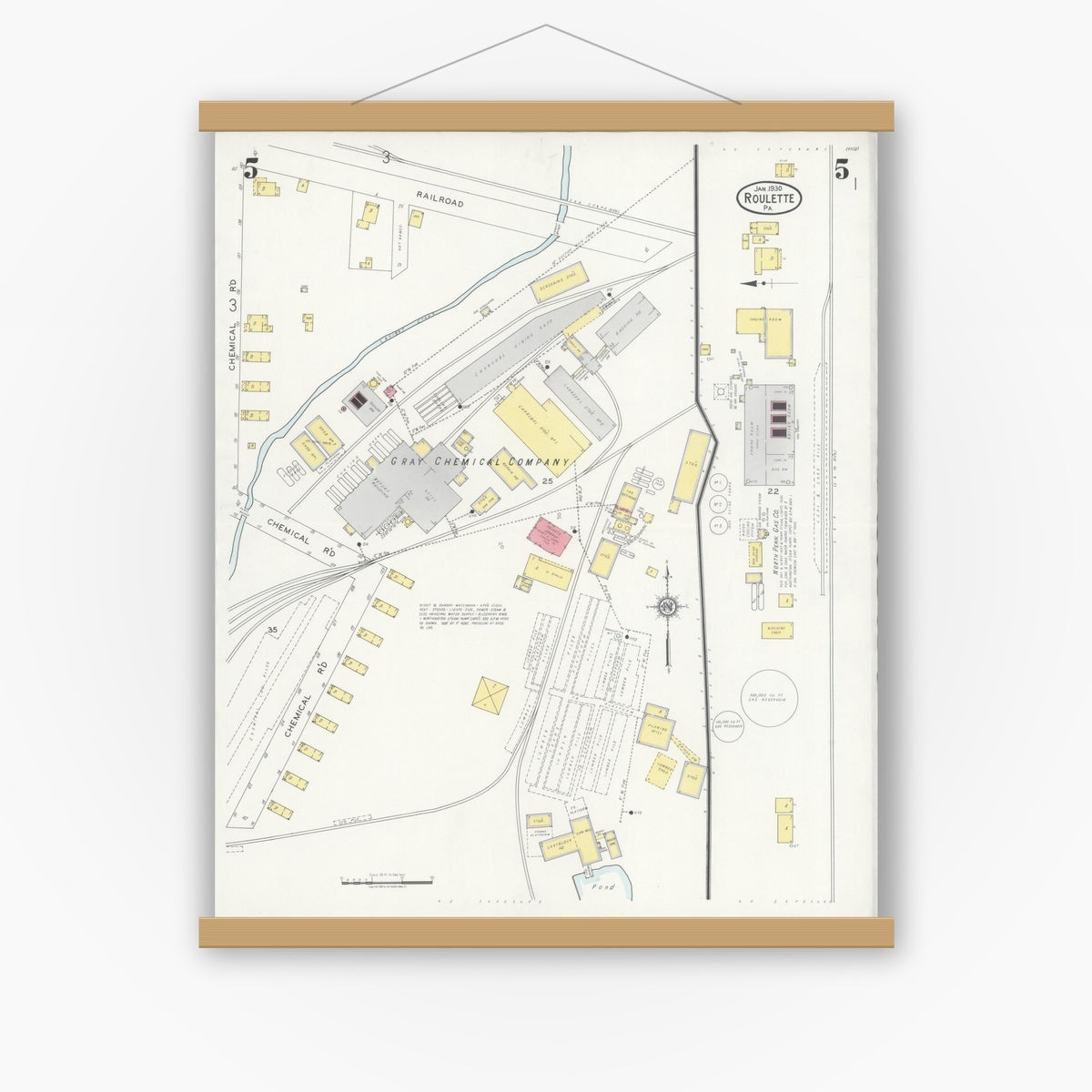 Old map wall art mockup — magnetic wood frame on white wall — Sanborn Fire Insurance Map from Roulette, Potter County, Pennsylvania (1930), Sheet #0005