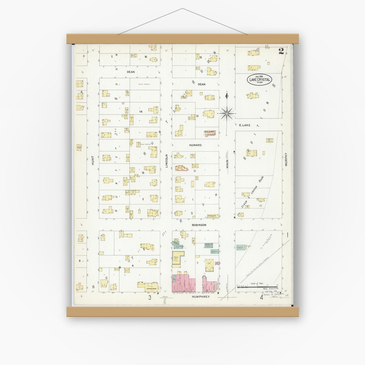 Old map wall art mockup — magnetic wood frame on white wall — Sanborn Fire Insurance Map from Lake Crystal, Blue Earth County, Minnesota (1908), Sheet #0002