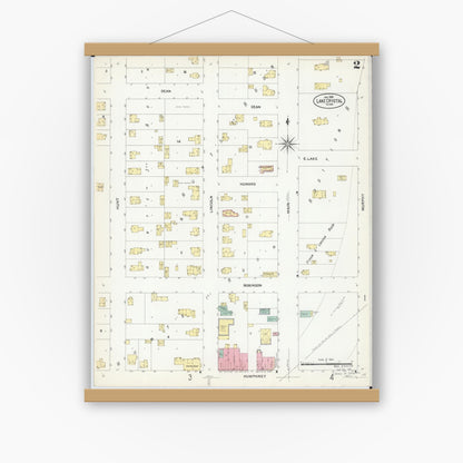 Old map wall art mockup — magnetic wood frame on white wall — Sanborn Fire Insurance Map from Lake Crystal, Blue Earth County, Minnesota (1908), Sheet #0002