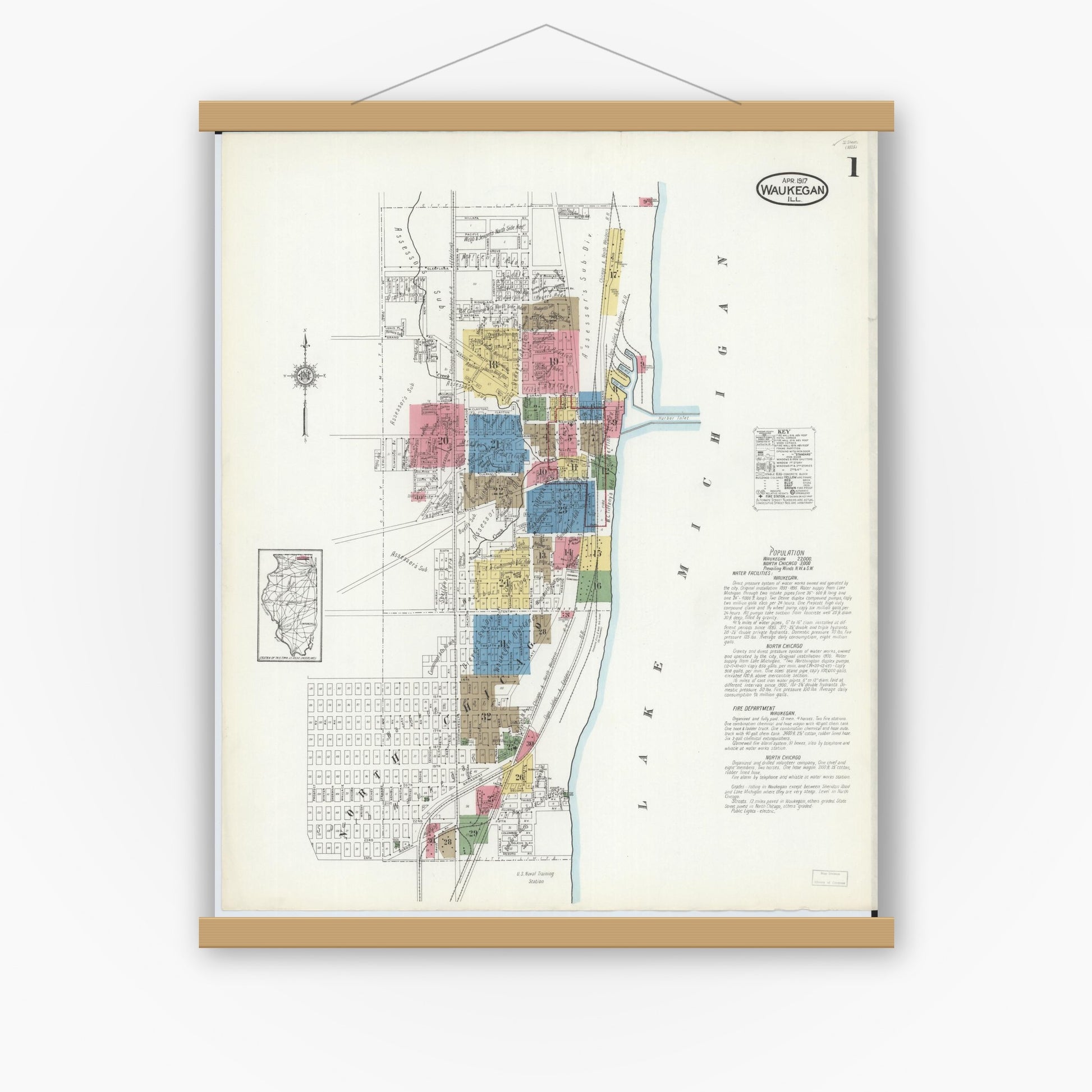 Old map wall art mockup — magnetic wood frame on white wall — Sanborn Fire Insurance Map from Waukegan, Lake County, Illinois (1917) - Complete Map Set