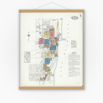 Old map wall art mockup — magnetic wood frame on white wall — Sanborn Fire Insurance Map from Waukegan, Lake County, Illinois (1917) - Complete Map Set