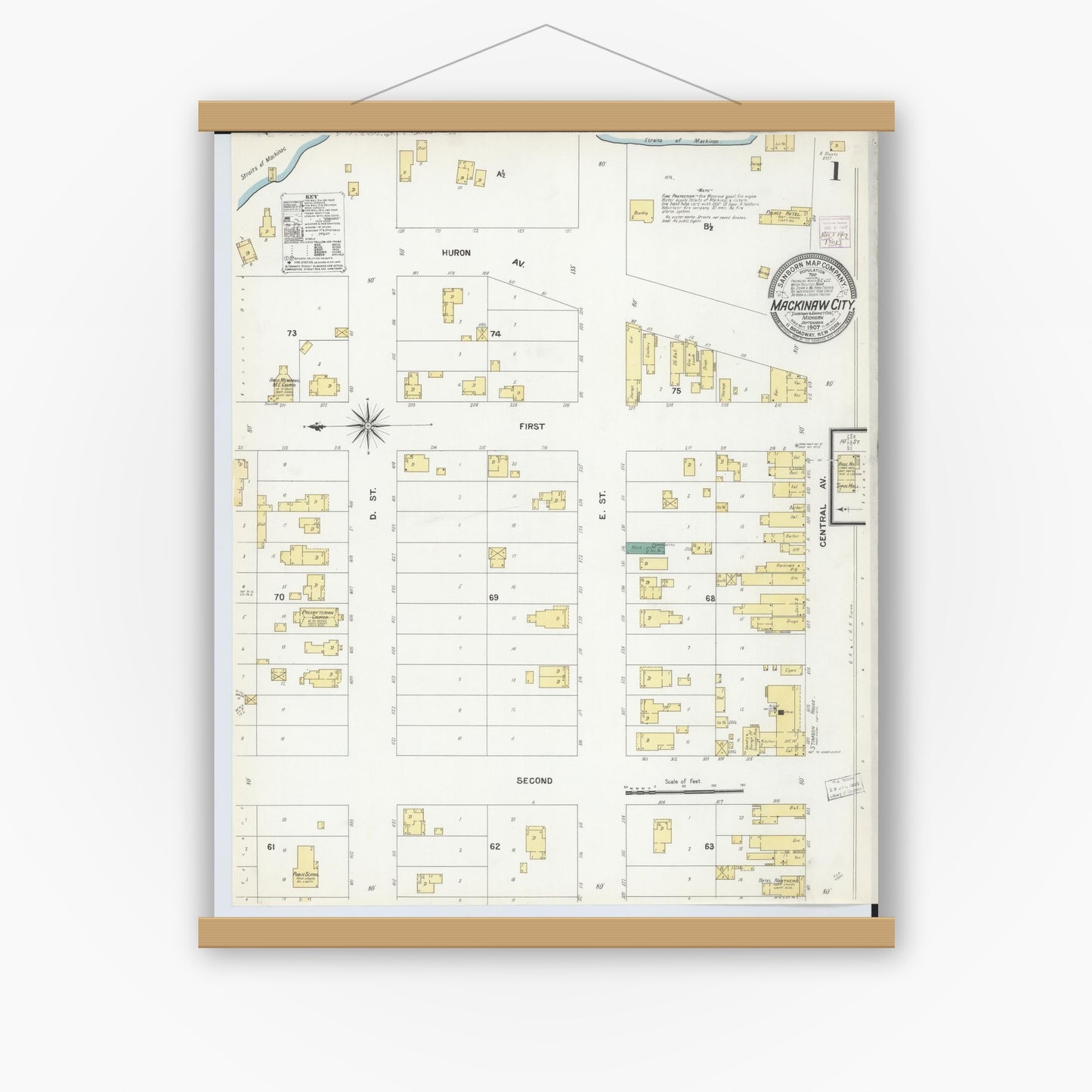 Old map wall art mockup — magnetic wood frame on white wall — Sanborn Fire Insurance Map from Mackinaw City, Cheboygan County, Michigan (1907) - Complete Map Set