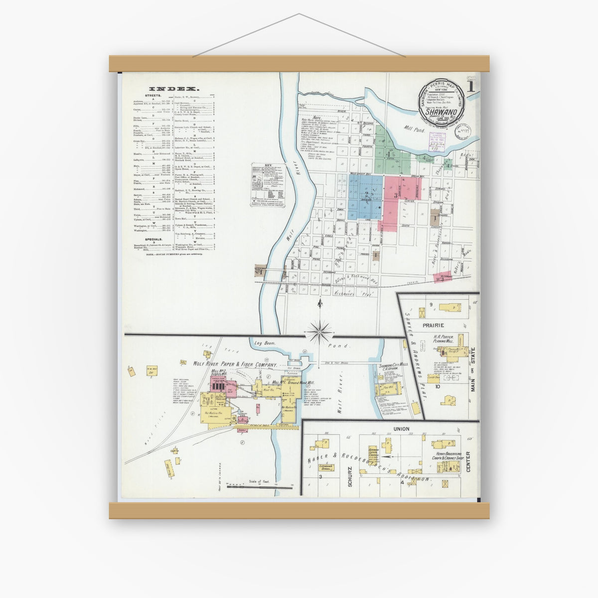 Old map wall art mockup — magnetic wood frame on white wall — Sanborn Fire Insurance Map from Shawano, Shawano County, Wisconsin (1901) - Complete Map Set