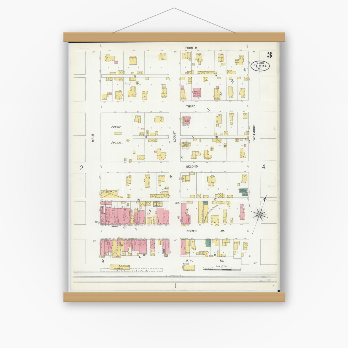 Old map wall art mockup — magnetic wood frame on white wall — Sanborn Fire Insurance Map from Flora, Clay County, Illinois (1899), Sheet #0003
