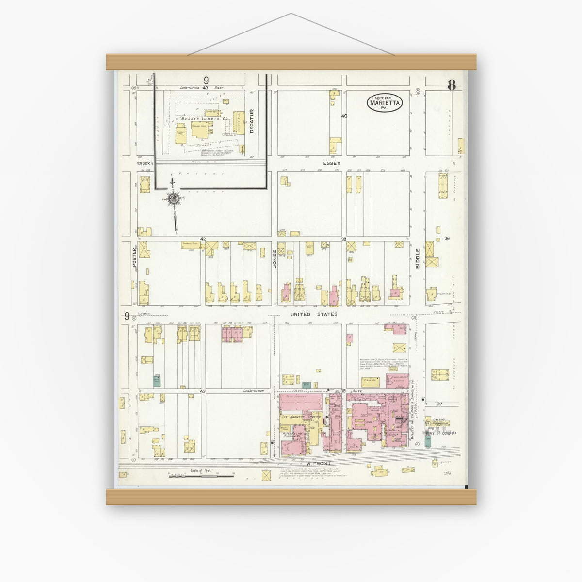 Old map wall art mockup — magnetic wood frame on white wall — Sanborn Fire Insurance Map from Marietta, Lancaster County, Pennsylvania (1909), Sheet #0008