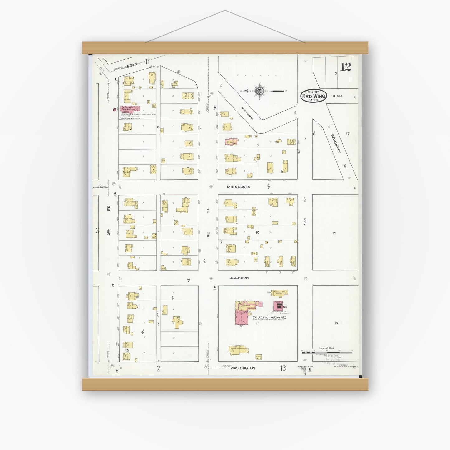 Old map wall art mockup — magnetic wood frame on white wall — Sanborn Fire Insurance Map from Red Wing, Goodhue County, Minnesota (1917), Sheet #0012