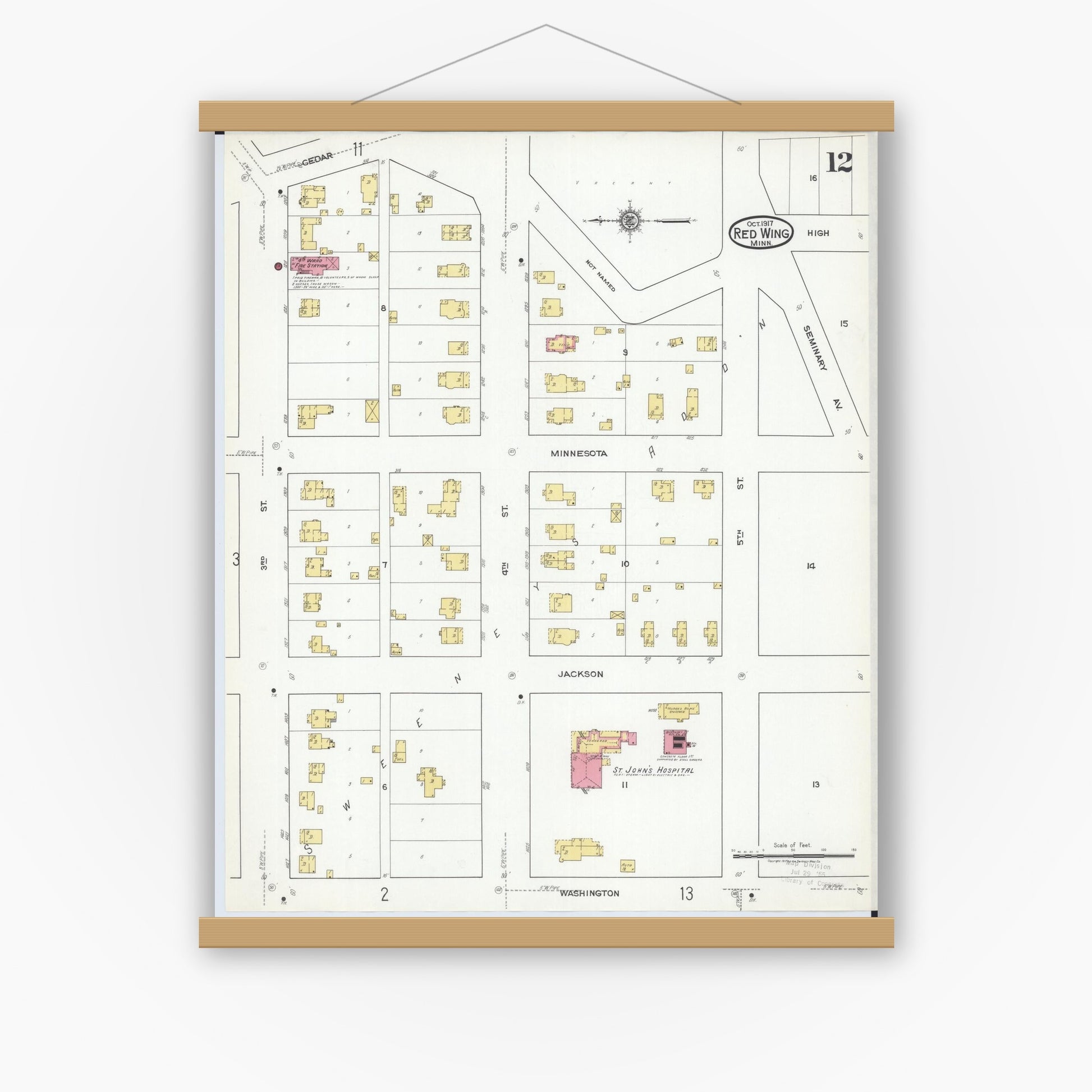 Old map wall art mockup — magnetic wood frame on white wall — Sanborn Fire Insurance Map from Red Wing, Goodhue County, Minnesota (1917), Sheet #0012