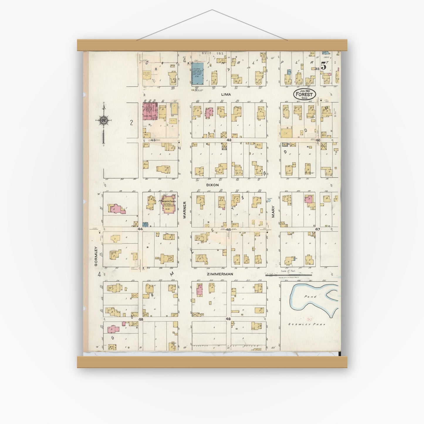 Old map wall art mockup — magnetic wood frame on white wall — Sanborn Fire Insurance Map from Forest, Hardin County, Ohio (1932), Sheet #0005