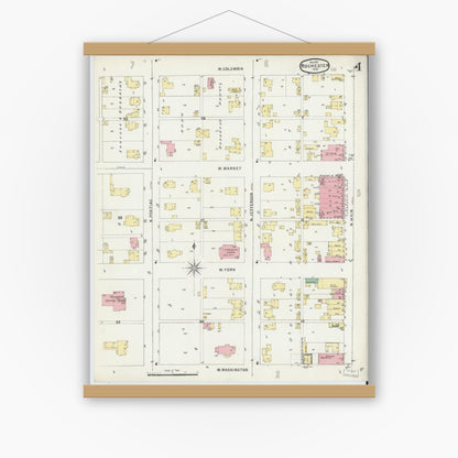 Old map wall art mockup — magnetic wood frame on white wall — Sanborn Fire Insurance Map from Rochester, Fulton County, Indiana (1895), Sheet #0004