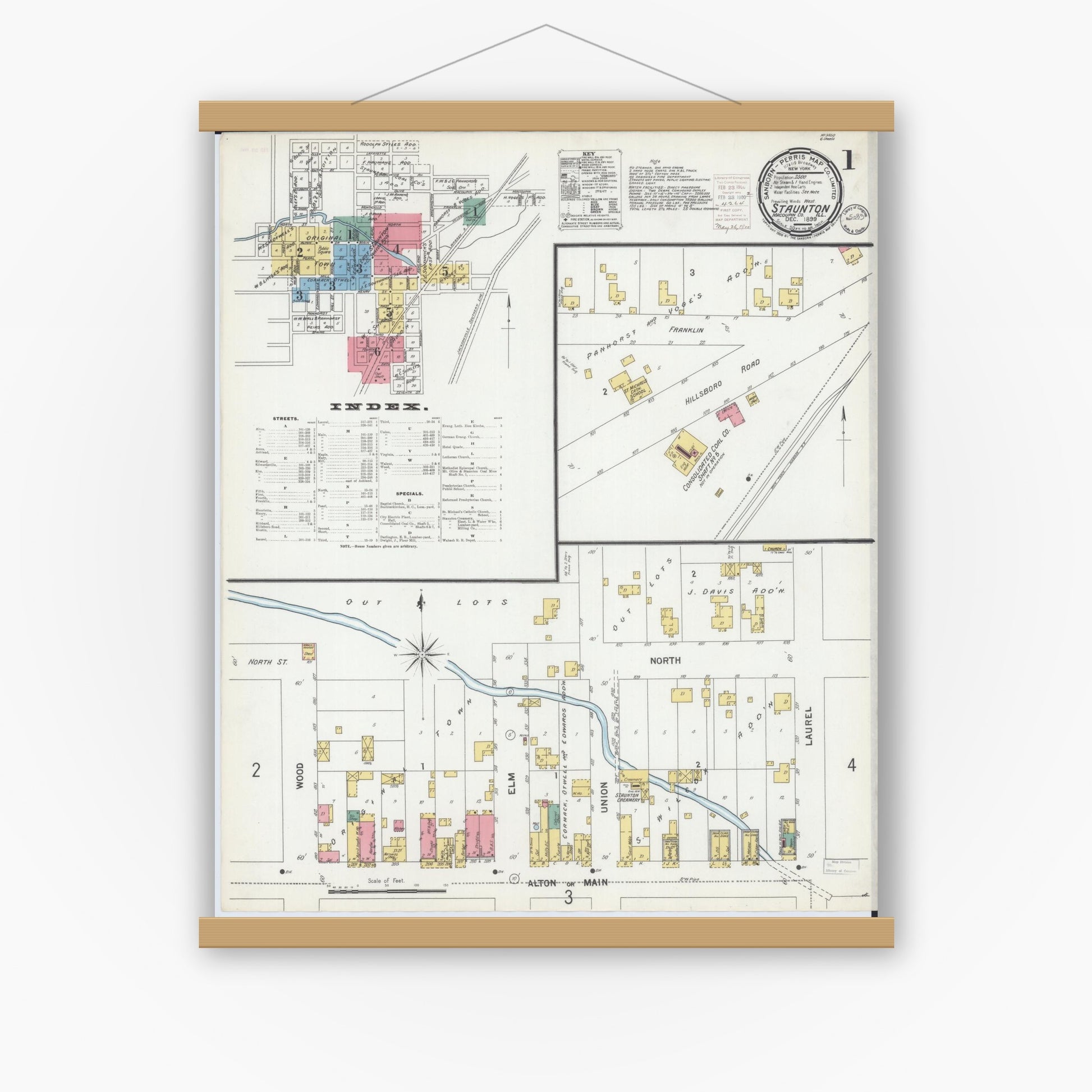 Old map wall art mockup — magnetic wood frame on white wall — Sanborn Fire Insurance Map from Staunton, Macoupin County, Illinois (1899), Sheet #0001
