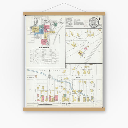 Old map wall art mockup — magnetic wood frame on white wall — Sanborn Fire Insurance Map from Staunton, Macoupin County, Illinois (1899), Sheet #0001