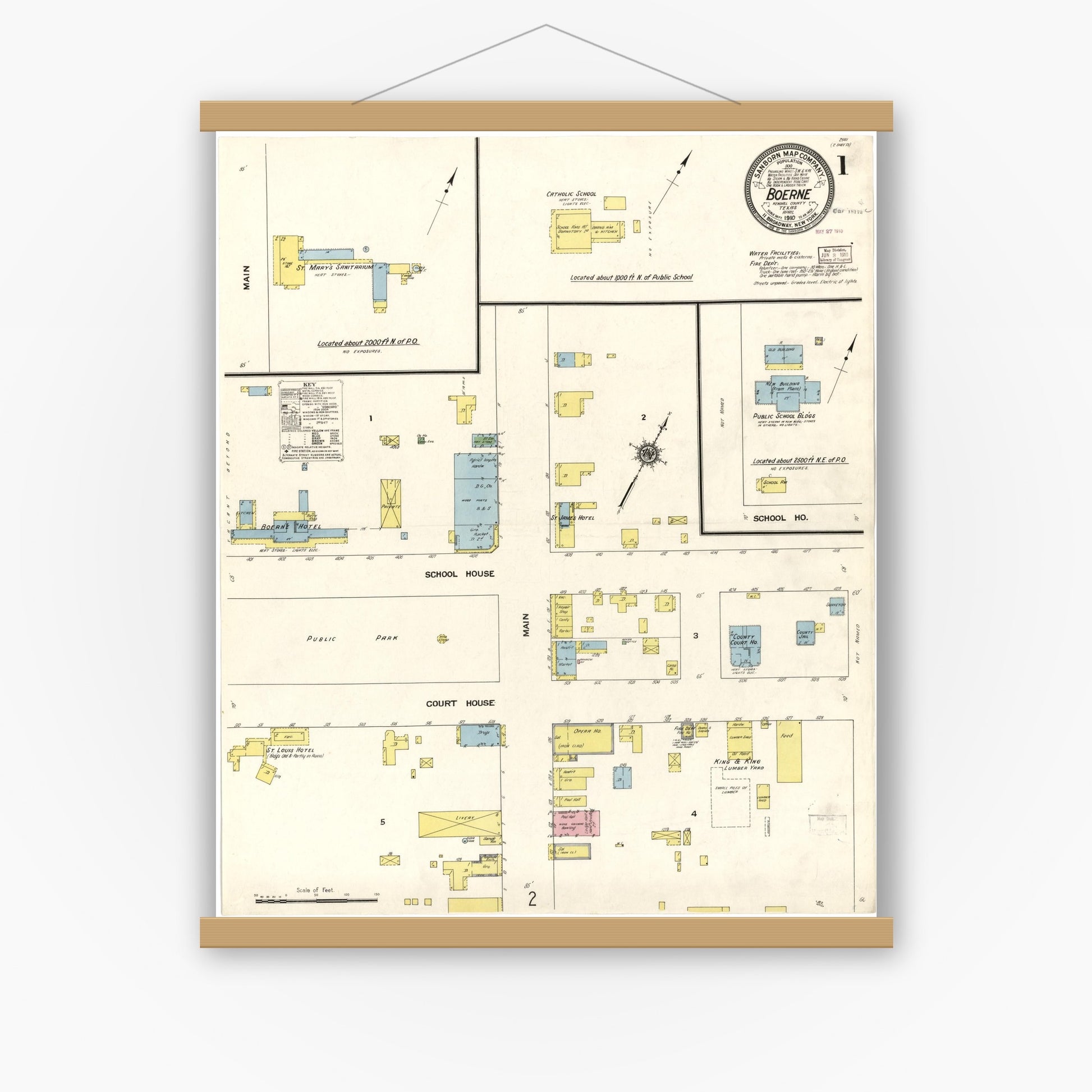 Old map wall art mockup — magnetic wood frame on white wall — Sanborn Fire Insurance Map from Boerne, Kendall County, Texas (1910), Sheet #0001