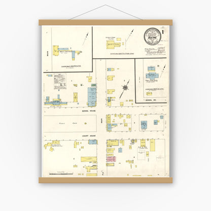 Old map wall art mockup — magnetic wood frame on white wall — Sanborn Fire Insurance Map from Boerne, Kendall County, Texas (1910), Sheet #0001