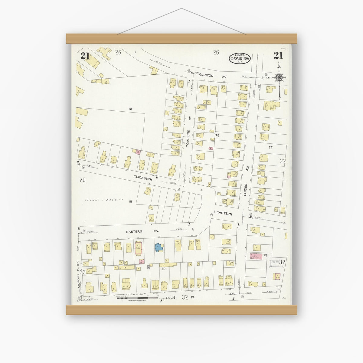 Old map wall art mockup — magnetic wood frame on white wall — Sanborn Fire Insurance Map from Ossining, Westchester County, New York (1924), Sheet #0021