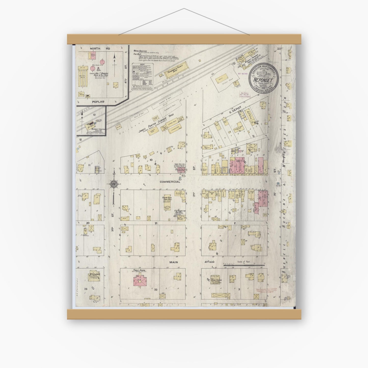 Old map wall art mockup — magnetic wood frame on white wall — Sanborn Fire Insurance Map from Neponset, Bureau County, Illinois (1910), Sheet #0001