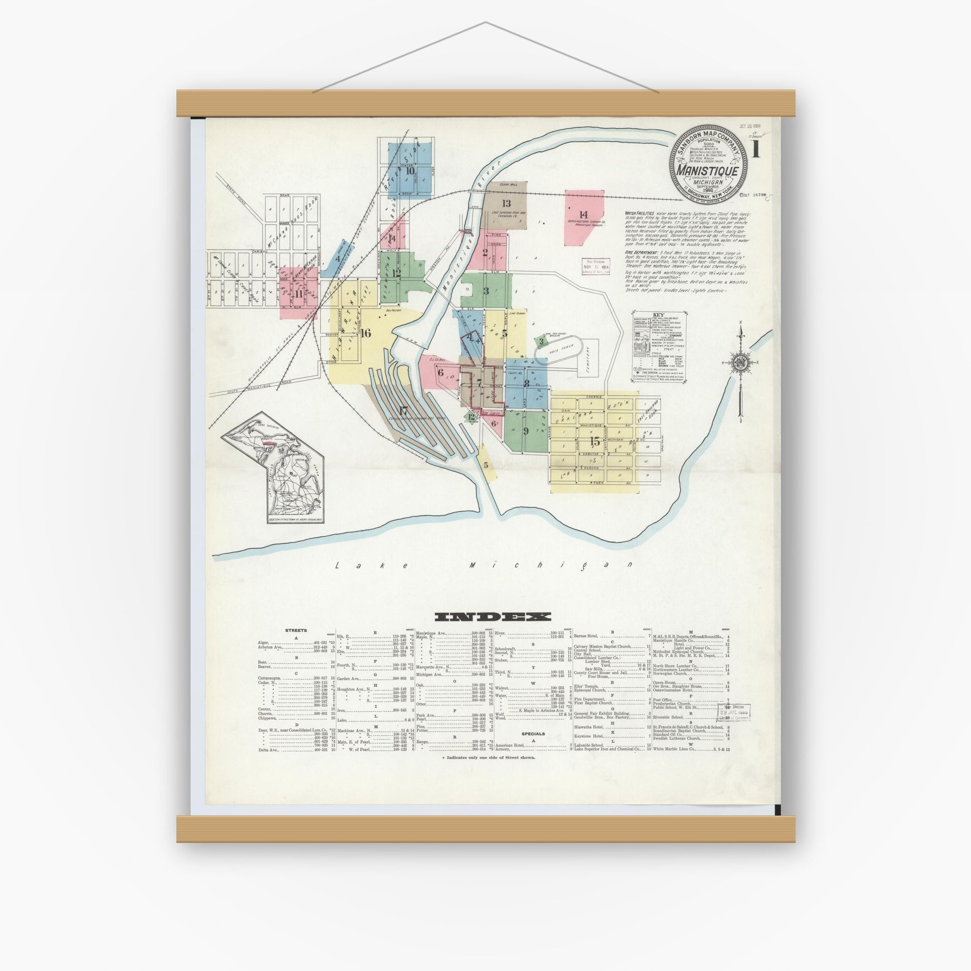 Old map wall art mockup — magnetic wood frame on white wall — Sanborn Fire Insurance Map from Manistique, Schoolcraft County, Michigan (1914) - Complete Map Set