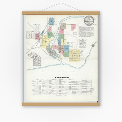 Old map wall art mockup — magnetic wood frame on white wall — Sanborn Fire Insurance Map from Manistique, Schoolcraft County, Michigan (1914) - Complete Map Set