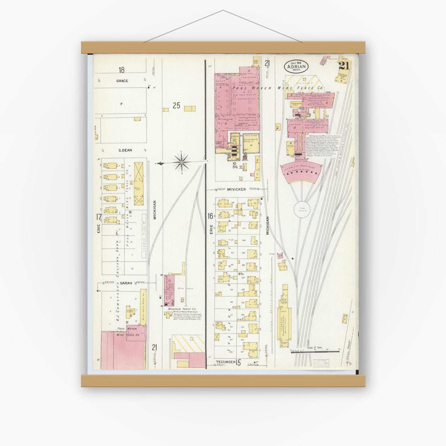 Old map wall art mockup — magnetic wood frame on white wall — Sanborn Fire Insurance Map from Adrian, Lenawee County, Michigan (1908), Sheet #0021