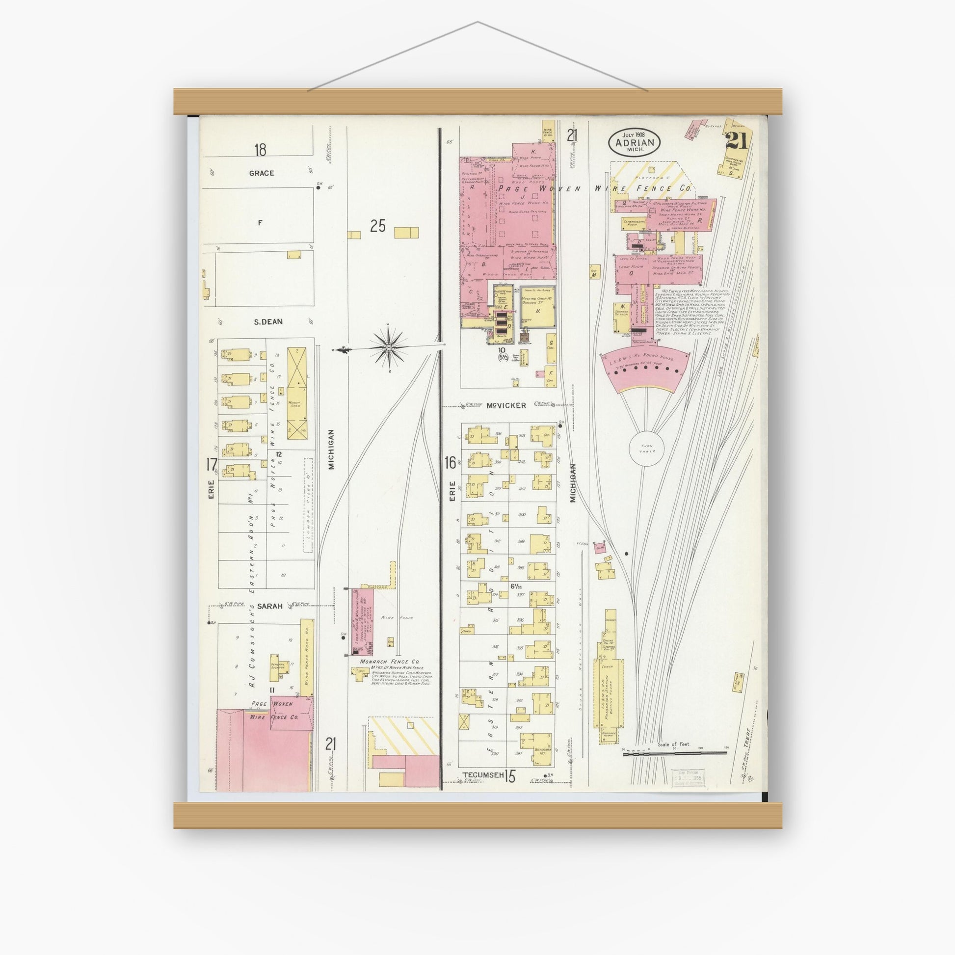 Old map wall art mockup — magnetic wood frame on white wall — Sanborn Fire Insurance Map from Adrian, Lenawee County, Michigan (1908), Sheet #0021
