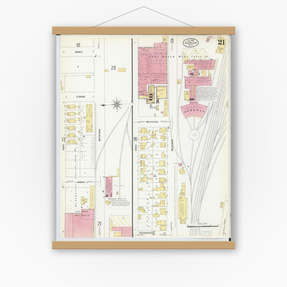 Old map wall art mockup — magnetic wood frame on white wall — Sanborn Fire Insurance Map from Adrian, Lenawee County, Michigan (1908), Sheet #0021